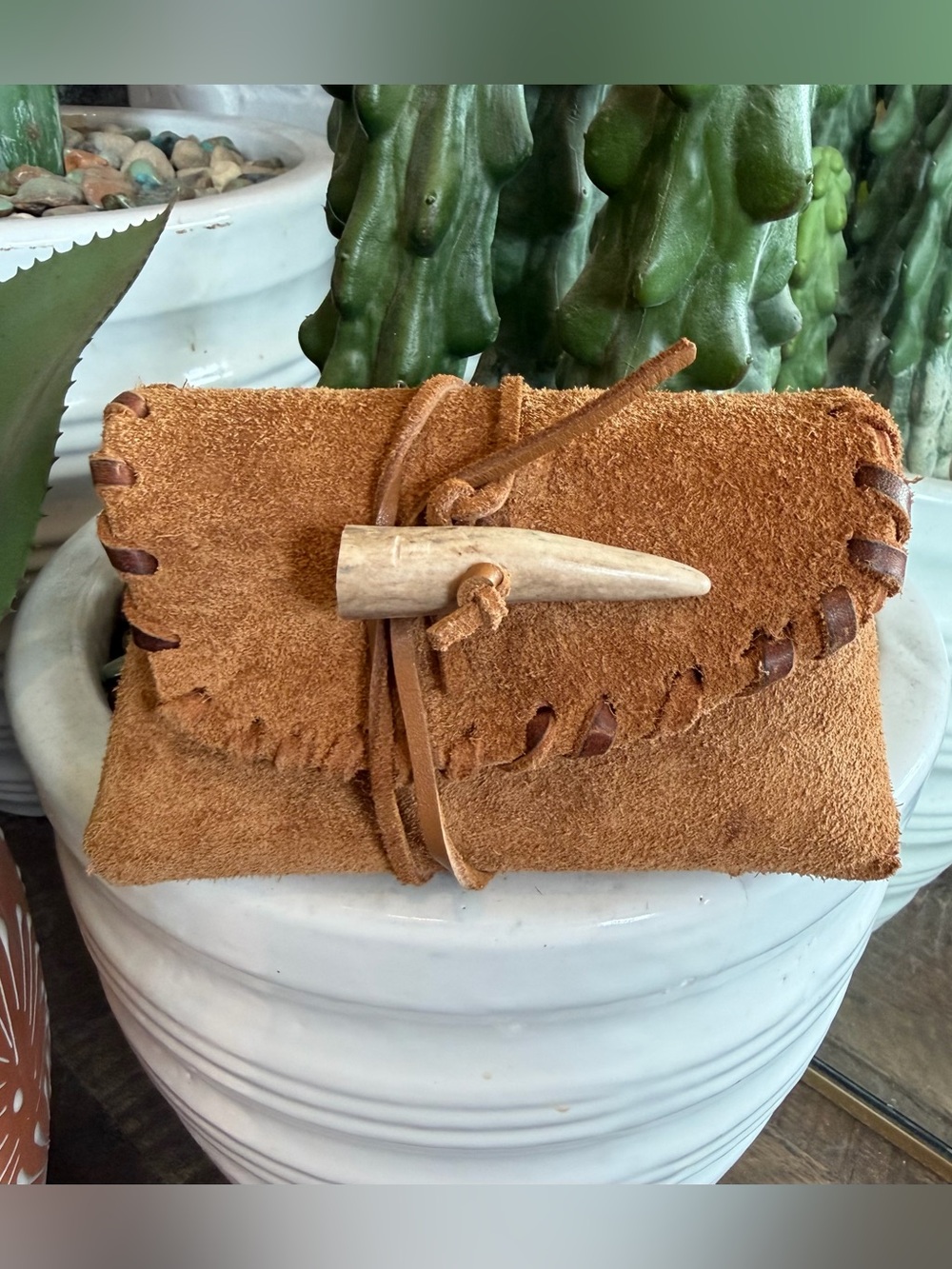 Suede Leather Clutch with Wood Toggle